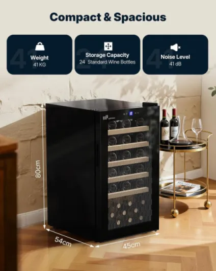 Wine Fridge 41Bottle, Full Glass Door Wine Cooler, 5°C - 20°C Adjustable, Built-in & Under-Counter Fit, Double Glazing, Touch Control Panel, LED Lighting, 5 Shelves, W41-Black 41 Bottle