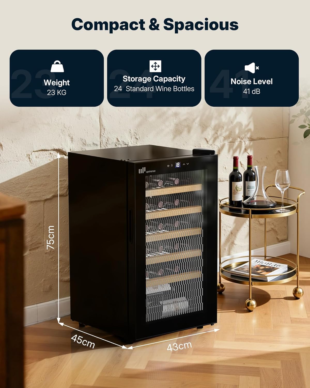 24 Bottle Wine Cooler Fridge with Full Glass, Precise 5°C–20°C Temperature Control - 41 dB & 137 kWh/Year - 5 Shelves with Wooden Trims - Sleek Design with LED Lighting, W24-Black