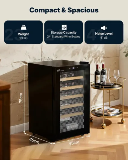 24 Bottle Wine Cooler Fridge with Full Glass, Precise 5°C–20°C Temperature Control - 41 dB & 137 kWh/Year - 5 Shelves with Wooden Trims - Sleek Design with LED Lighting, W24-Black