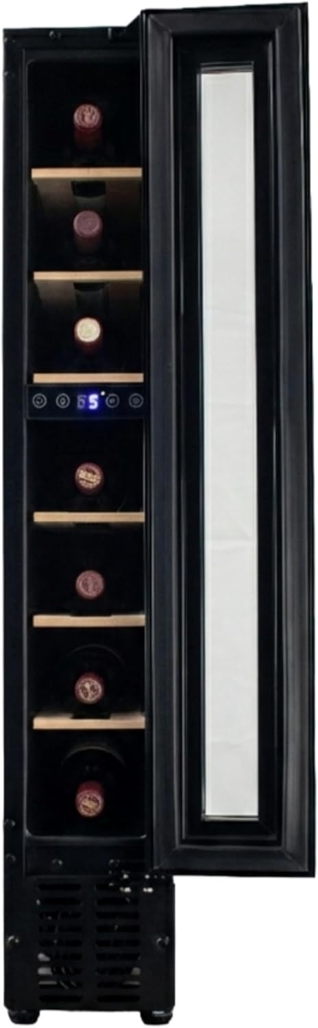 Wine Cooler - Wine Fridge With 7 Bottle/22L Storage, 14.8CM Width, Wooden Shelves, LED Top Lighting, Temperature Range Adjustment, 39 dB Operation, Perfect For Kitchens & Home Bars - RF01WC7SB31 7 Bottles