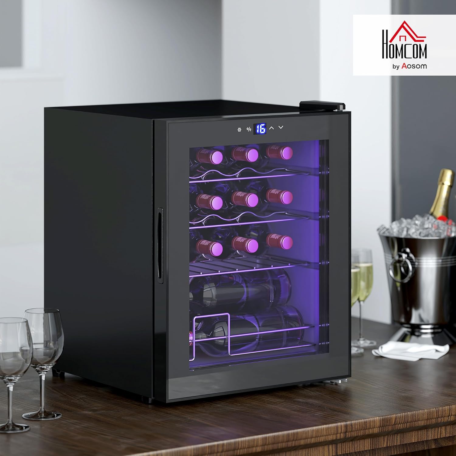 42L Wine Cooler, 16 Bottles, 5-18° Freestanding Wine Fridge with Glass Door, LED Light, Temperature Control and Digital Touch Screen, Black