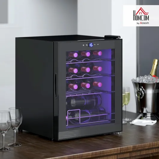 42L Wine Cooler, 16 Bottles, 5-18° Freestanding Wine Fridge with Glass Door, LED Light, Temperature Control and Digital Touch Screen, Black