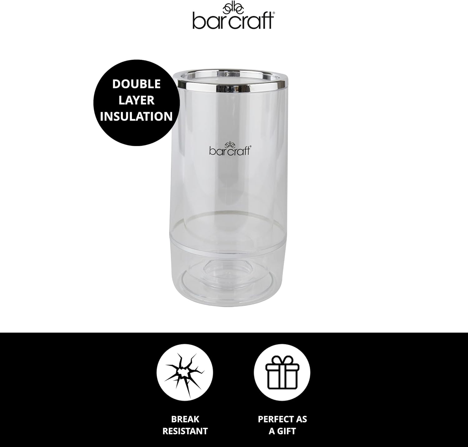 Insulated Wine Cooler, Single Bottle, Acrylic with Chrome Detail, 12 x 12 x 23cm, Clear / Steel