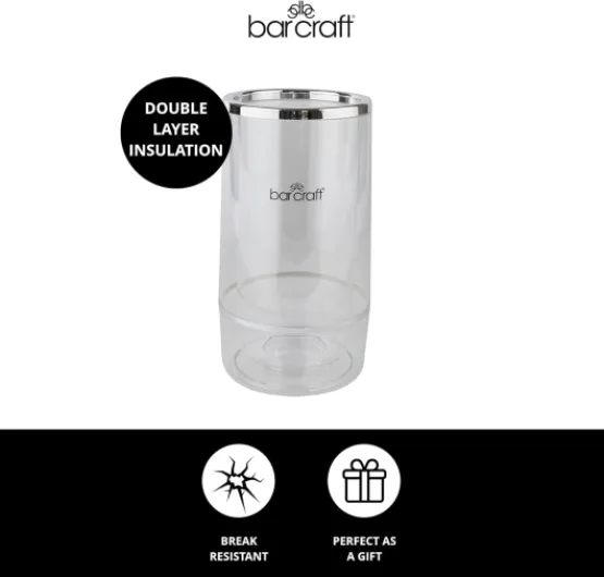 Insulated Wine Cooler, Single Bottle, Acrylic with Chrome Detail, 12 x 12 x 23cm, Clear / Steel