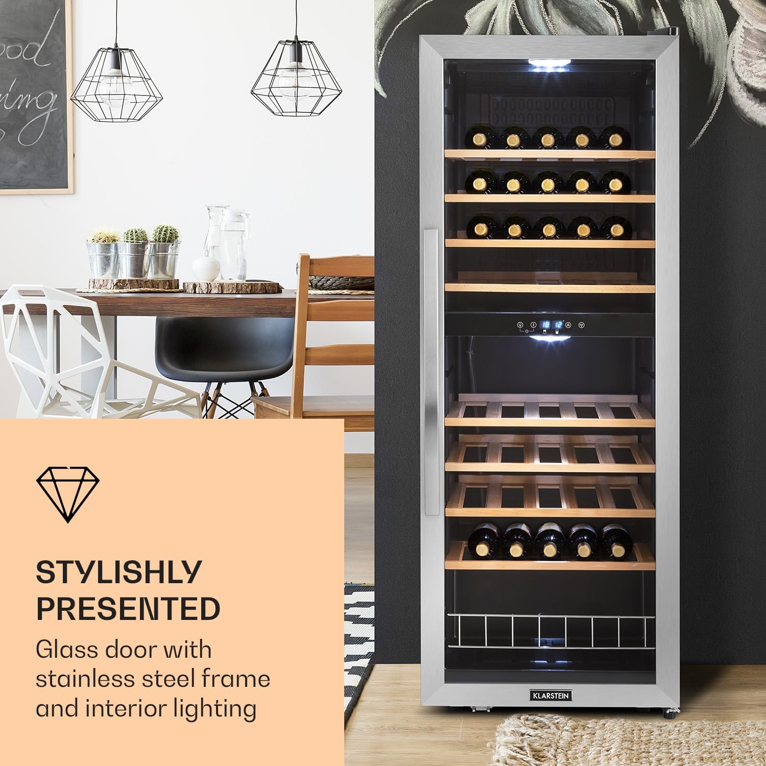 Wine Cooler Fridge, Dual Zone Wine Fridge with Glass Door, 2 Programmable Cooling Zones, Touch Controls, LED Display, 5-18 °C Range, 40 dB Low Noise, 54 Bottles / 148L Drinks Fridge, Black 54 bottles - 1 Zone Silver/Black