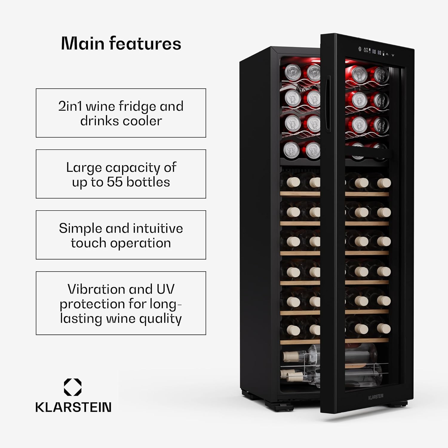 Bovella 55 Duo+ Wine Fridge - 55 Bottle Capacity, Dual Zone, 5-18°C, Touch Control, LED Lighting, UV Protection, Free-Standing Wine Cooler 150 L / 55 bottles