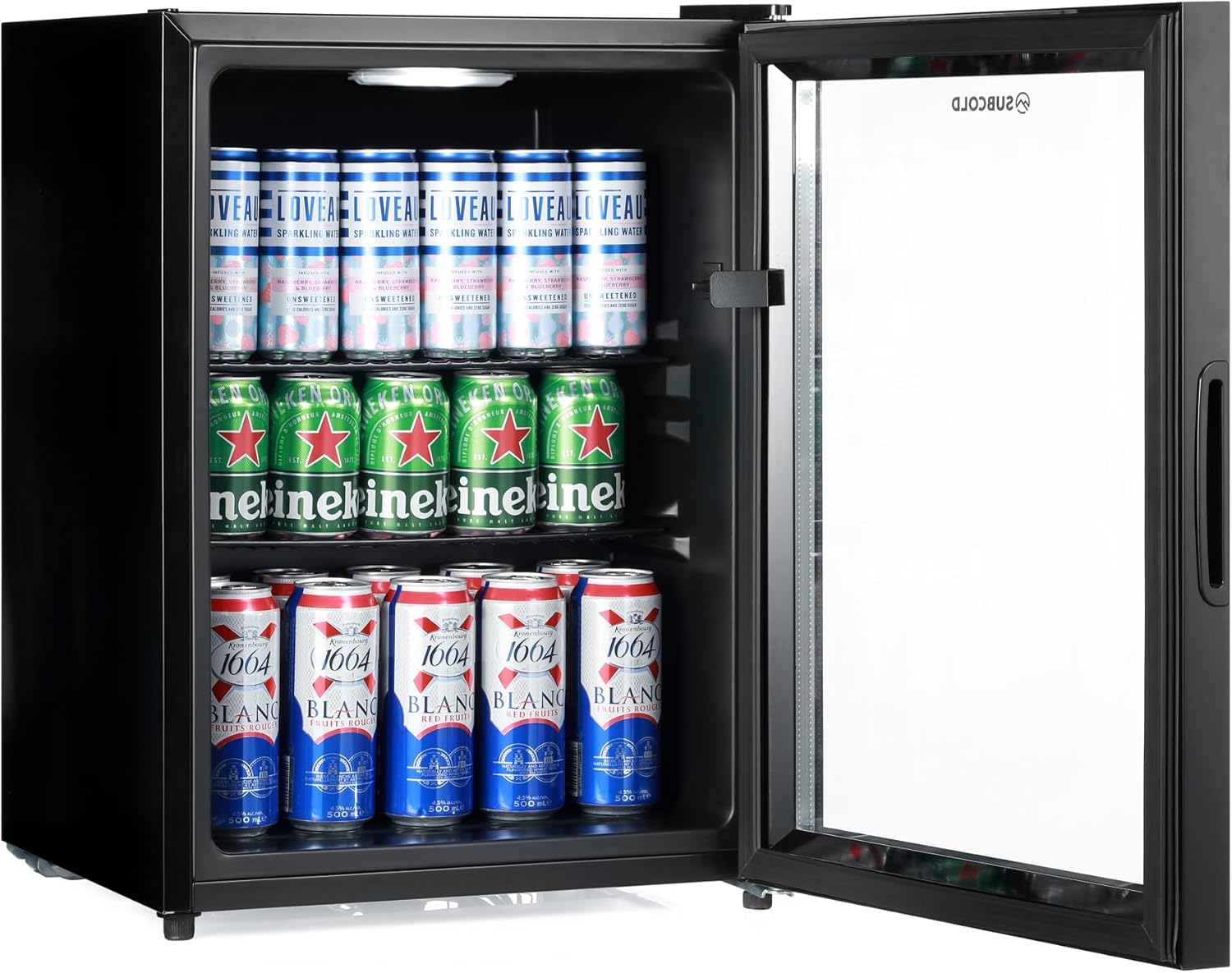 Cave60 LED Glass Door Drinks Fridge for Wine & Beer - Mini Chiller - 54 Cans (Black) 60L Black With Glass Door