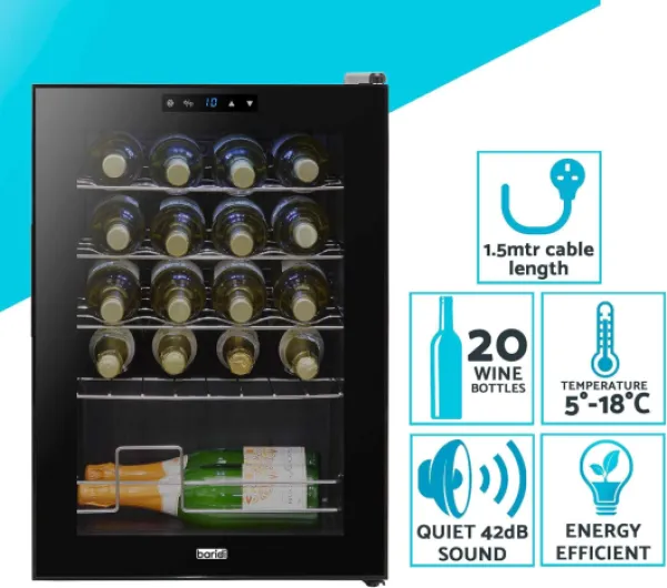 Baridi 20 Bottle Wine Cooler Fridge with Digital Touch Screen Controls & LED Light, Black - DH8 20 Bottles