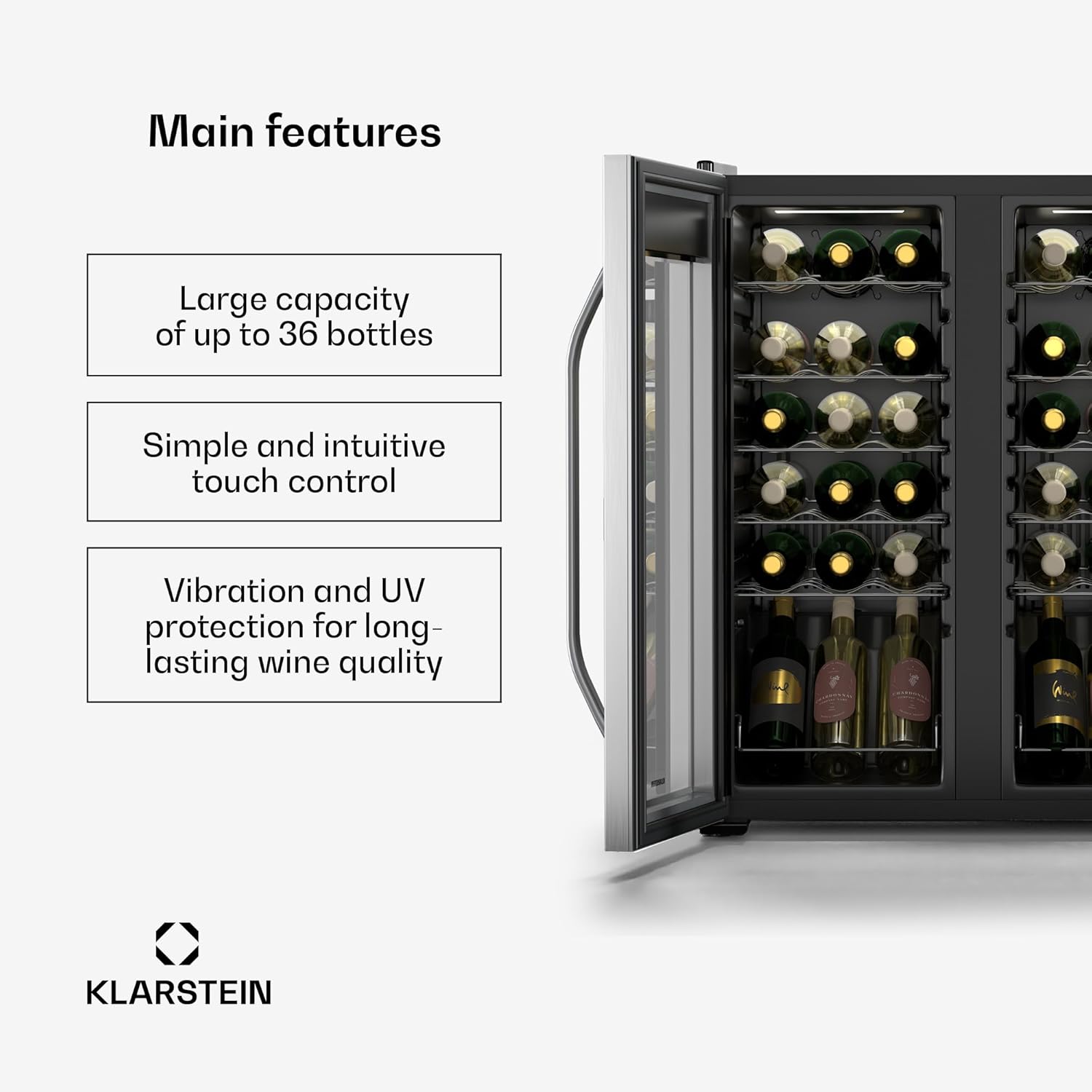 Vinamour wine refrigerator 2 zones - 36 bottles, 5-18°C, touch control, LED lighting, free-standing, UV protection, stainless steel double door