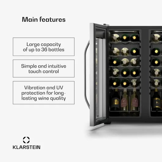 Vinamour wine refrigerator 2 zones - 36 bottles, 5-18°C, touch control, LED lighting, free-standing, UV protection, stainless steel double door