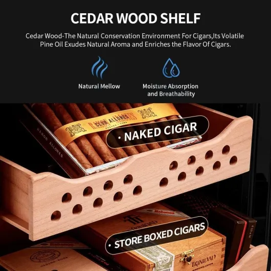 Cigar and Wine Cooler Humidor with Digital Humidity Control, Cedar Wood Cabinet for Home or Commercial Use Gold